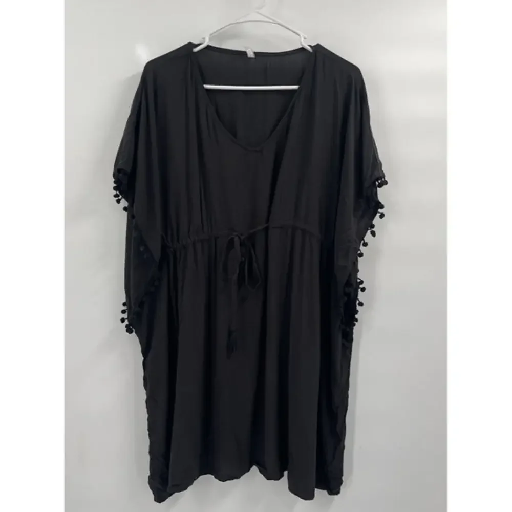 Wave Zone S/M Kaftan Swim Cover Up Womens Black Excellent Pom Pom‎ Trim Rayon